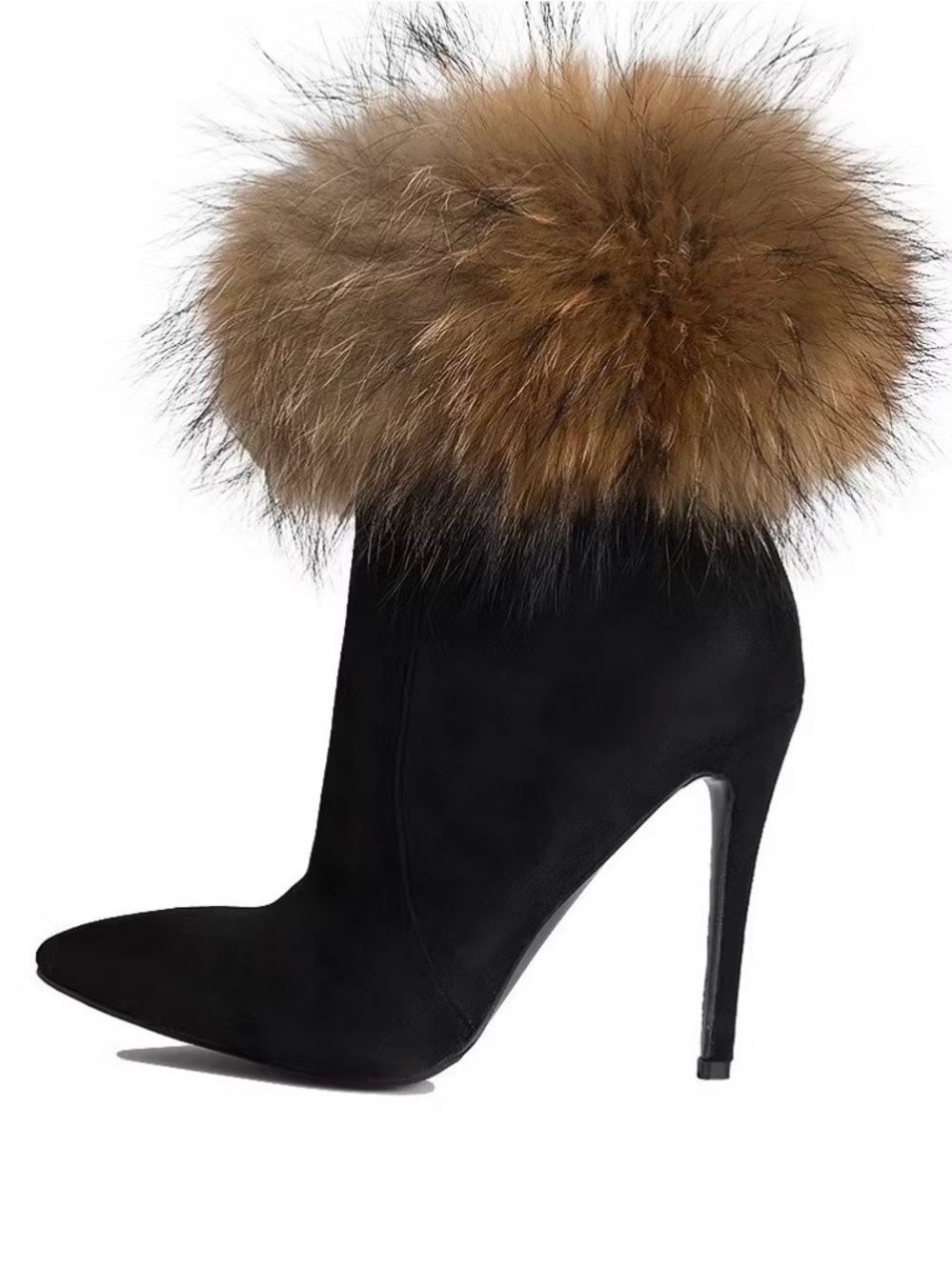 Black Suede Stiletto Bootie with Brown Fur Cuff